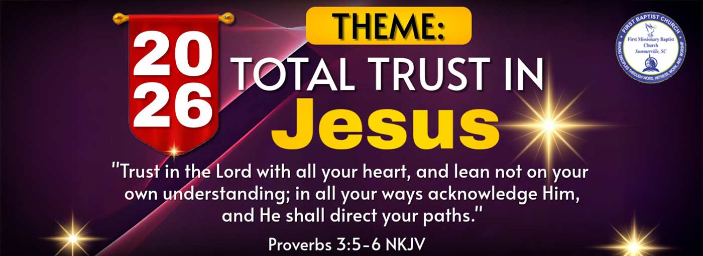 a purple colored banner with a red ribbon displaying the 2026 Theme Total Trust in Jesus