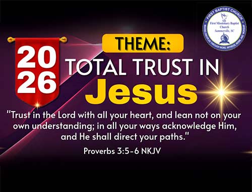 a purple colored banner with a red ribbon displaying the 2026 Theme Total Trust in Jesus